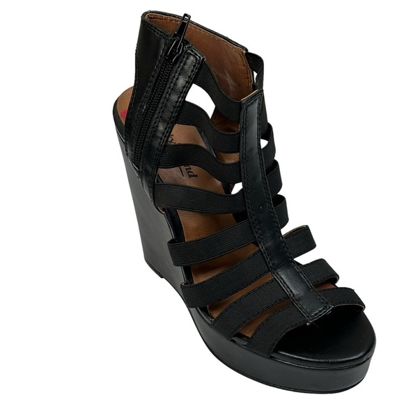 Lucky Brand Black Strappy 5” Platform Wedge Heels Side Zip Size 6.5 NEW - Picture 1 of 13